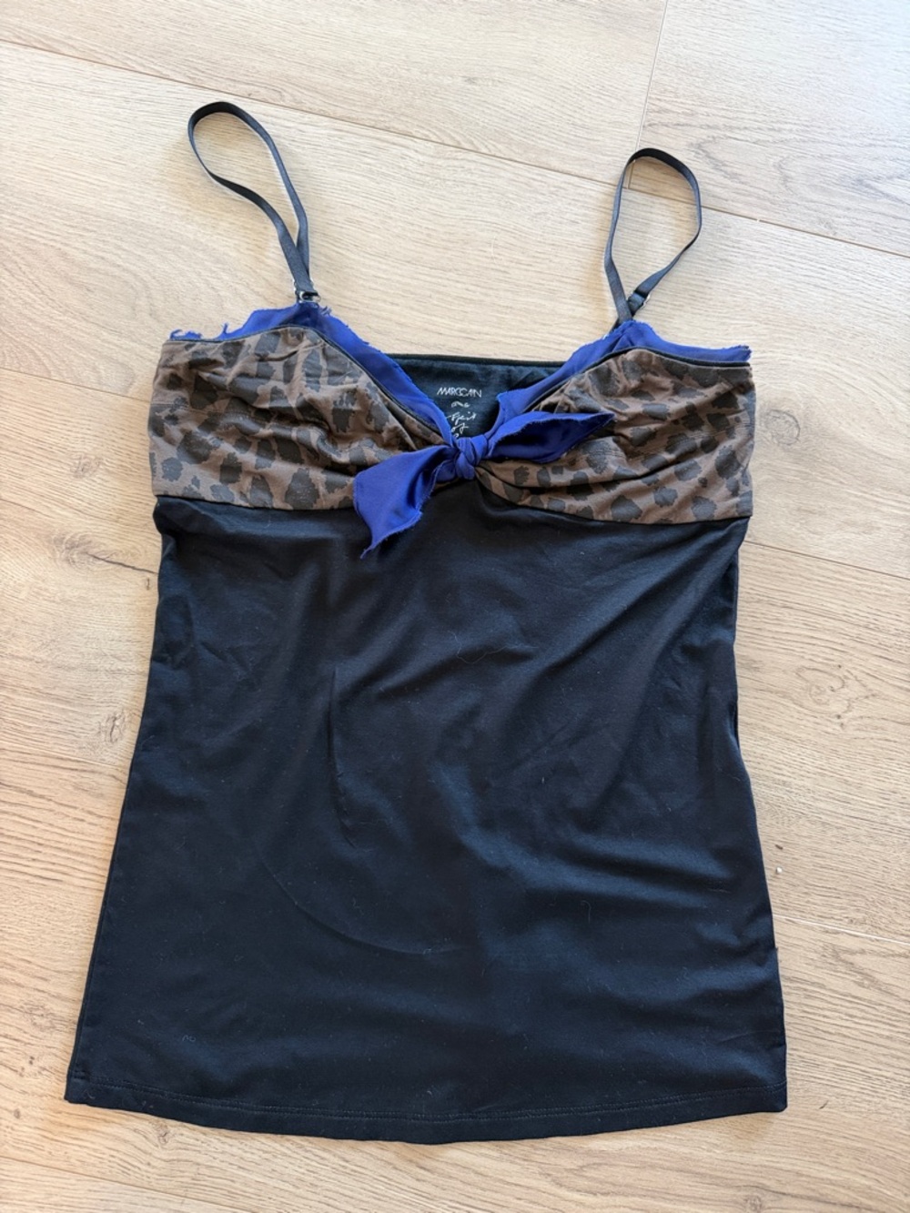 Marc Cain Black Camisole with Brown Leopard Band and Blue Tie Accent